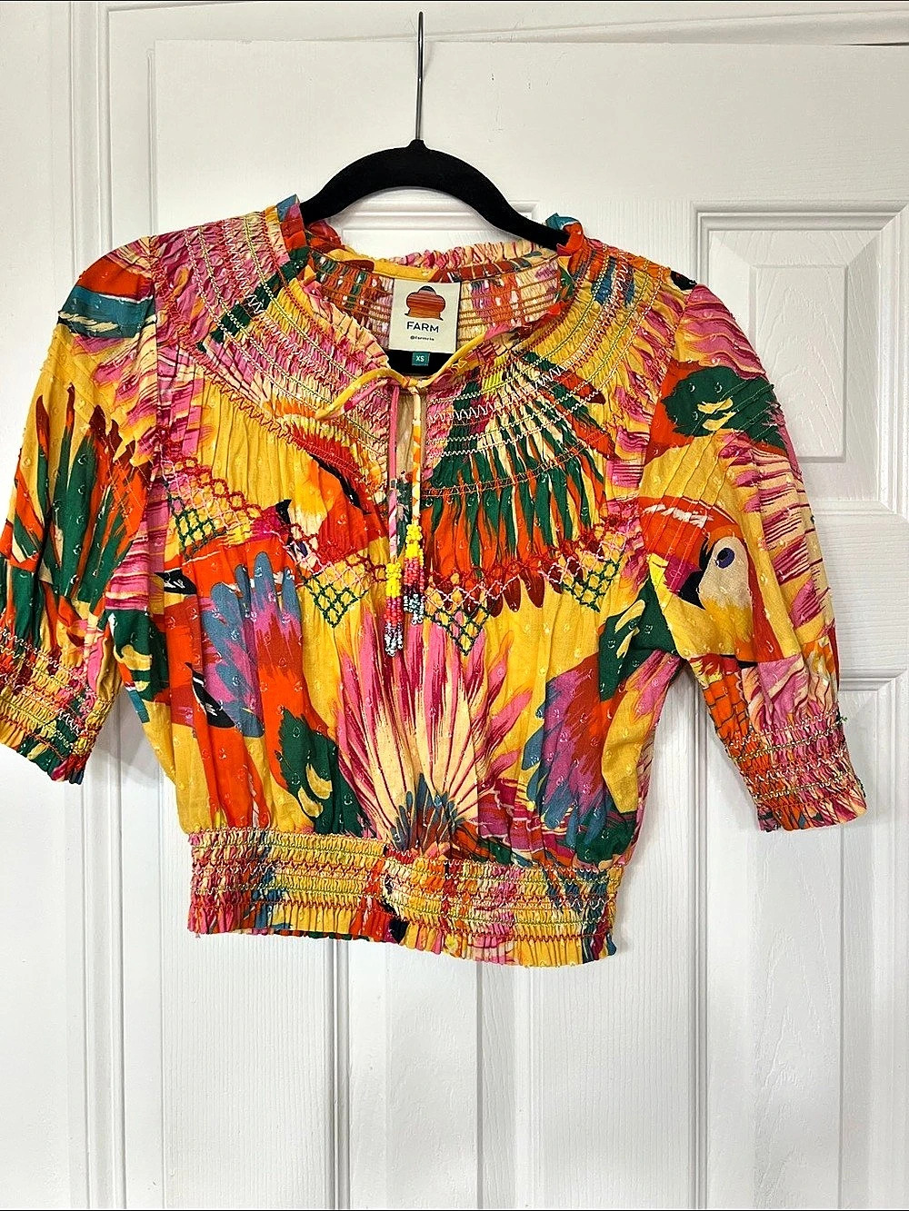 Farm Rio Printed smocked crop top in Yellow & Pink Size XS